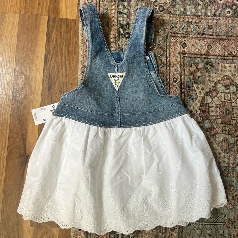 Oshkosh B’Gosh Girls Overall Jean White Cotton Eyelet Dress NWT Size 3T - Picture 2 of 5